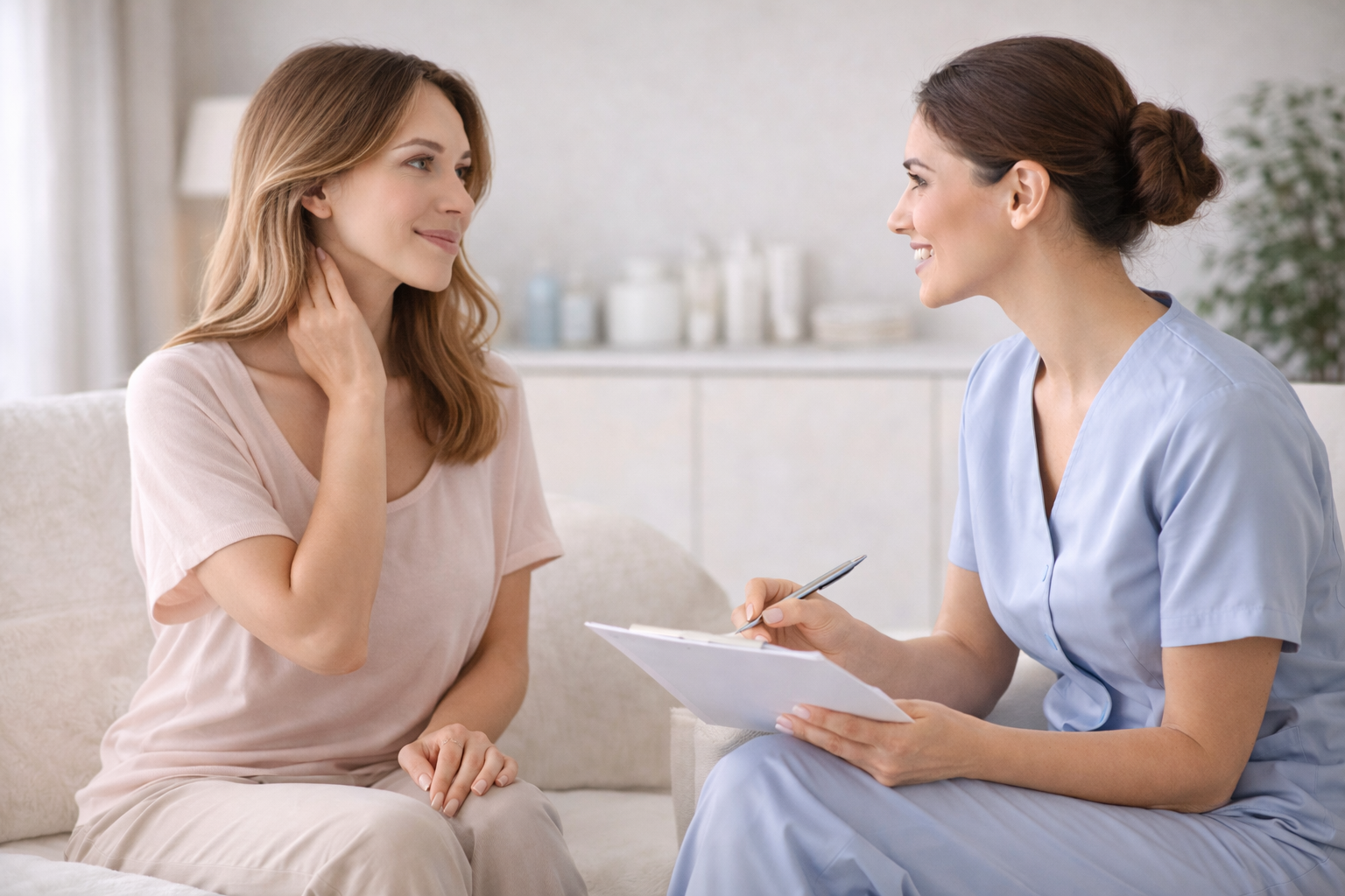 A person sitting in a comfortable, private consultation room, speaking with a professional who is listening attentively.